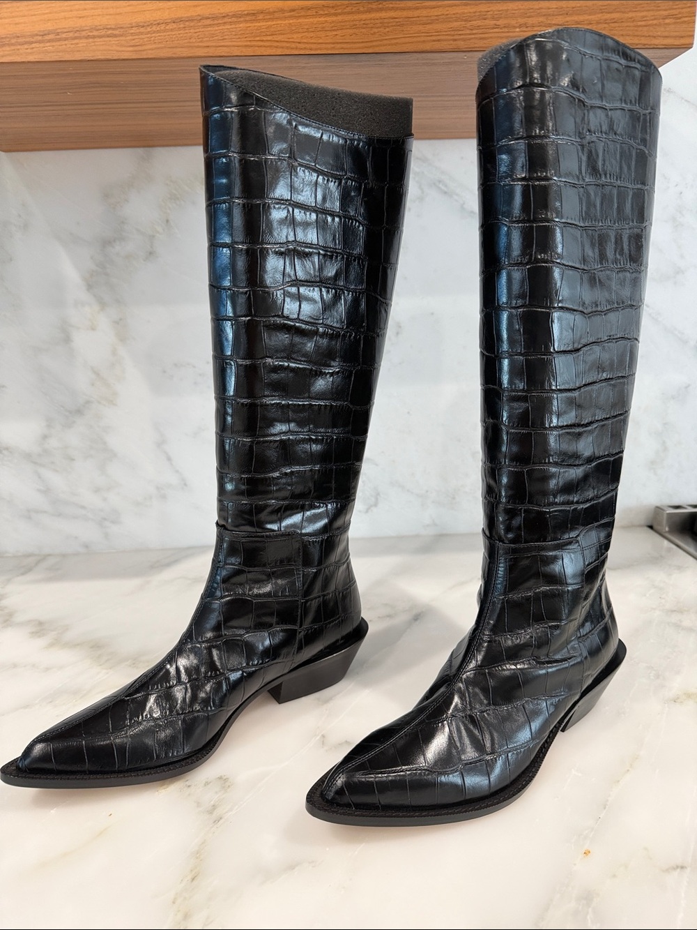 Tibi Black Croc-Embossed Over-the-Knee Pointed Boots